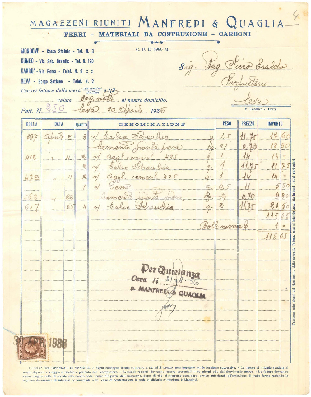 Documento originale, autentico 1936 CEVA CN  MANFREDI & QUAGLIA Materiali da costruzione  Fattura 7 1