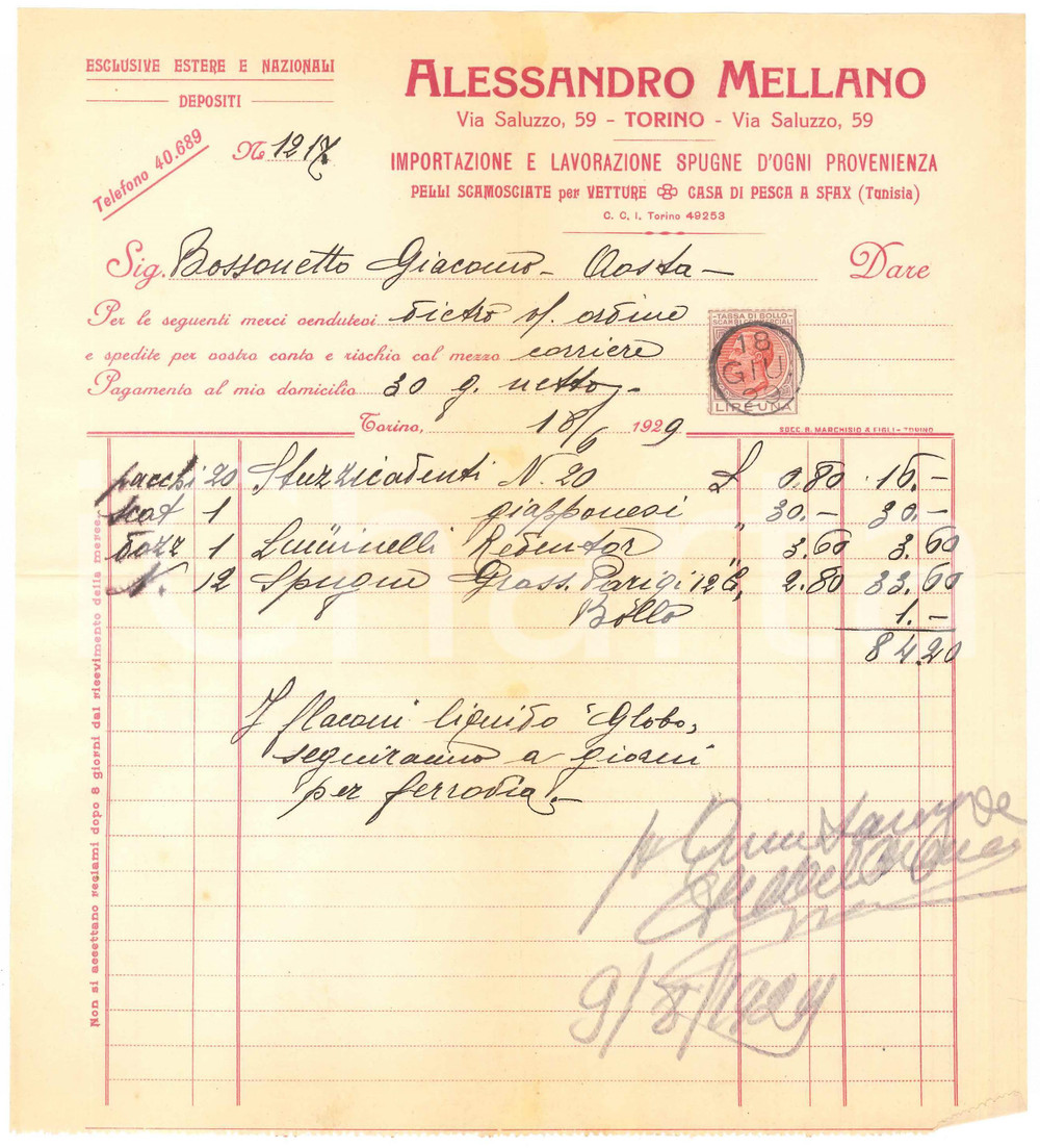 1929 TORINO Via Saluzzo - Alessandro MELLANO Lavorazione spugne - Fattura (2) Fattura commerciale d'epoca manoscritta, su carta intestata.Presente marca da bollo.PAGINE: 1   FAIR/discreto piegature d'epoca; ingiallimenti FORMATO: 22x24 cm originale e autentica 1