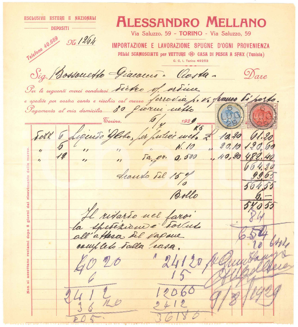 1929 TORINO Via Saluzzo - Alessandro MELLANO Lavorazione spugne - Fattura (3) Fattura commerciale d'epoca manoscritta, su carta intestata.Presenti marche da bollo.PAGINE: 1  FAIR/discreto piegature d'epoca FORMATO: 22x24 cm originale e autentica 1