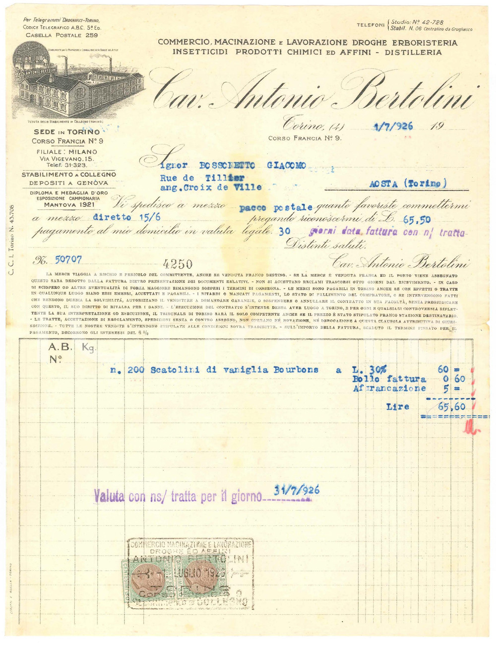 1926 TORINO Corso Francia 9 Cav. Antonio BERTOLINI Droghe Erboristeria ^Fattura Fattura commerciale d'epoca dattiloscritta, su carta intestata.Presenti marche da bollo.PAGINE: 1  FAIR/discreto piegature d'epoca; lieve ingiallimento FORMATO: 22x28 cm originale e autentica 1