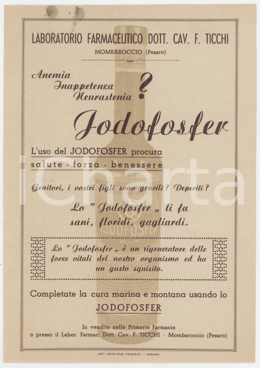 Materiale pubblicitario d’epoca 1950 ca MOMBAROCCIO Laboratorio farmaceutico TICCHI Jodofosfer  Volantino 2 1