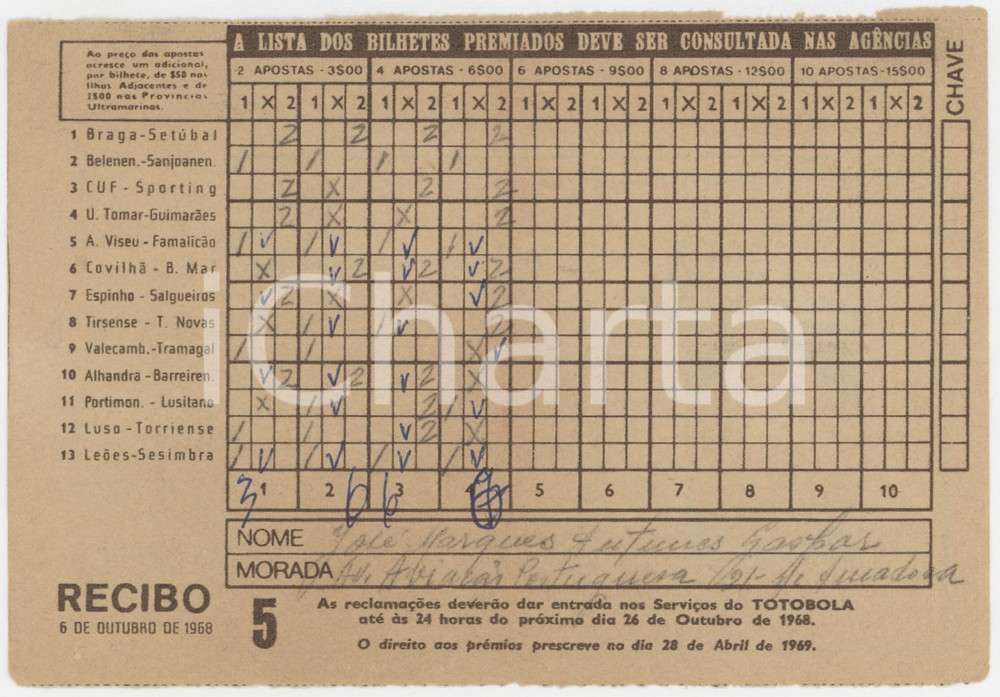 1968 PORTUGAL TOTOBOLA Semana 5 - Apostas mútuas desportivas - Bilhete 3 Ricevuta giocata di una scheda del Totobola.   POOR/danneggiato Piegature e e gualciture diffuse FORMATO: 14x10 cm originale e autentica 1