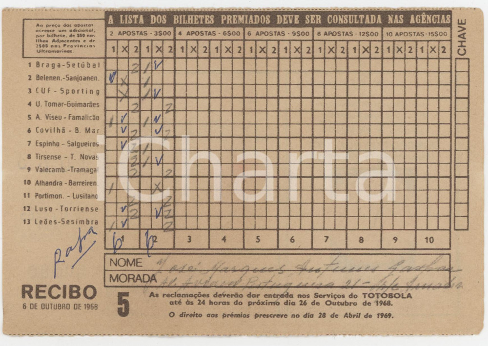 1968 PORTUGAL TOTOBOLA Semana 5 - Apostas mútuas desportivas - Bilhete 2 Ricevuta giocata di una scheda del Totobola.   POOR/danneggiato Piegature e e gualciture diffuse FORMATO: 14x10 cm originale e autentica 1