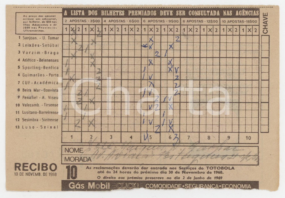 1968 PORTUGAL TOTOBOLA Semana 10 - Apostas mútuas desportivas - Bilhete Ricevuta giocata di una scheda del Totobola.   POOR/danneggiato Piegature e e gualciture diffuse, mancanza al margine inferiore FORMATO: 14x10 cm originale e autentica 1