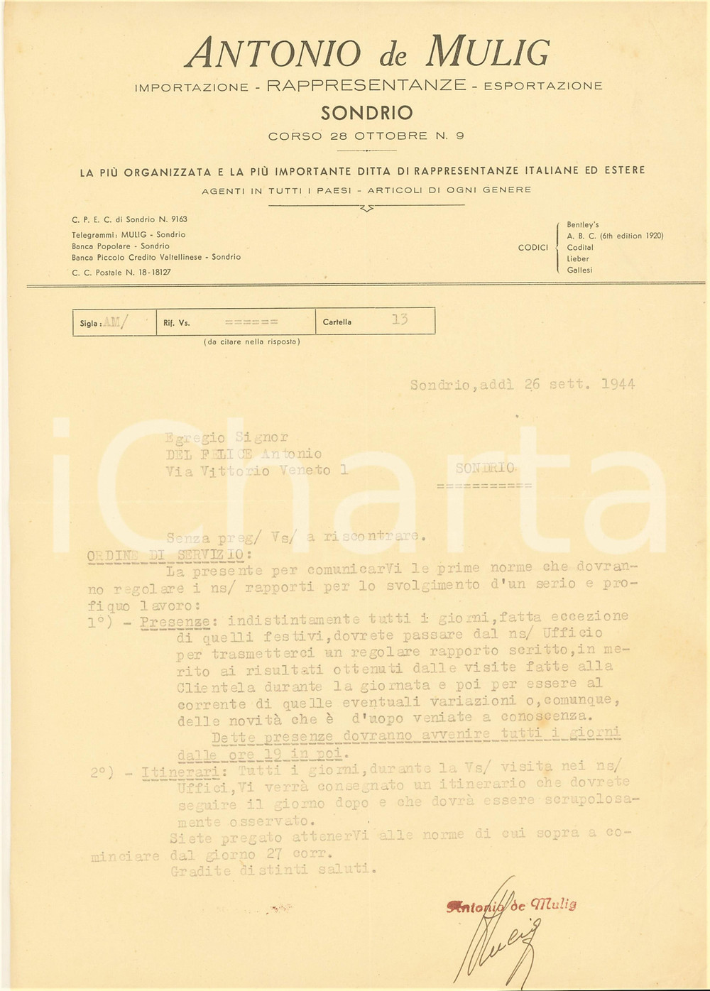Documento originale, autentico 1944 SONDRIO Antonio DE MULIG Rappresentanze  Lettera commerciale 2 1