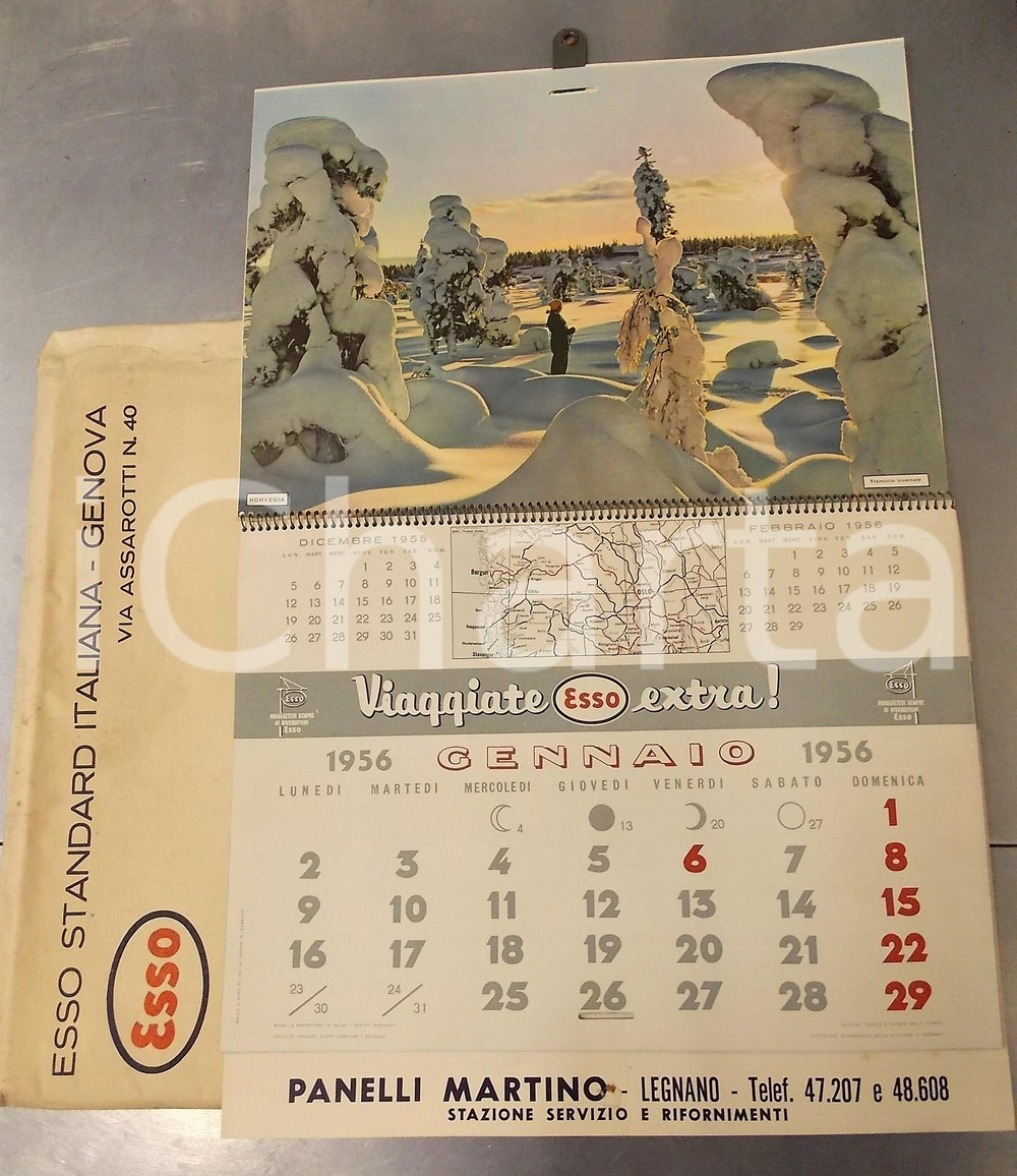 1956 ESSO Calendario illustrato - Paesi d'Europa - PUBBLICITARIO con busta Calendario d'epoca con illustrazioni a colori.Busta originale Esso Standard Italiana - Genova.Pubblicitario stazione di servizio Martino Panelli - Legnano FORMATO: 34x27 cm CONDIZIONI: G (ma lievi gualciture e bruniture alla busta)     originale e autentica 1