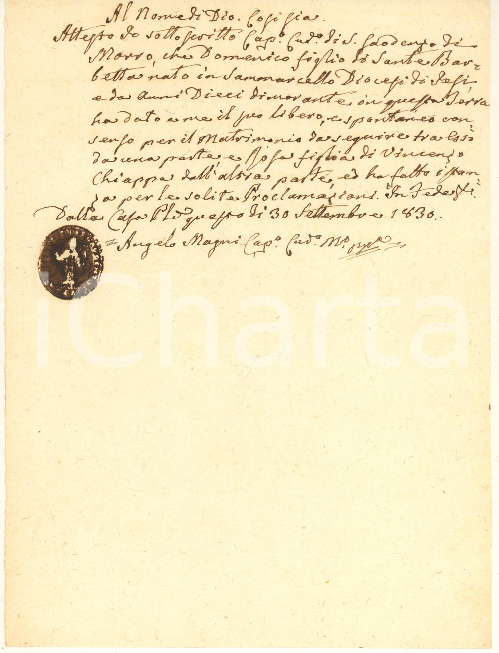 Documento originale, autentico 1830 MORRO D ALBA AN Chiesa S. GAUDENZIO  Consenso nozze Domenico BARBETTA 1