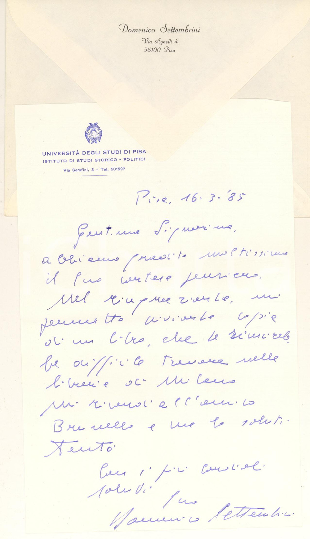 Autografo originale 1985 PISA Lettera Domenico SETTEMBRINI per invio di un libro Autografo 1
