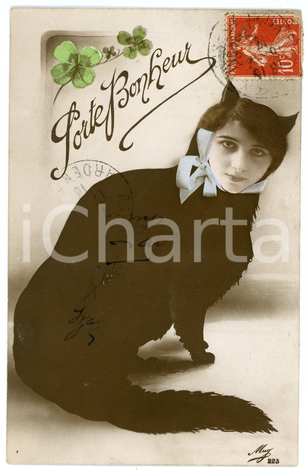 1913 PORTE BONHEUR Chat avec tête de femme - Carte postale (2)  Cartolina postale d'epoca, viaggiata.CONDIZIONI: FAIRFORMATO: FP     originale e autentica 1
