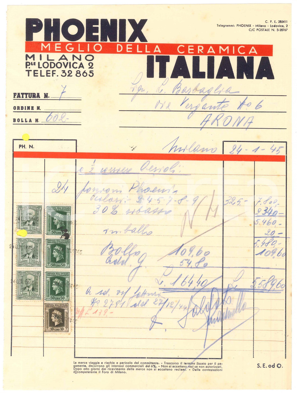 1944 MILANO P.le Lodovica 2 - PHOENIX ITALIANA Meglio della ceramica ^Fattura Fattura originale d'epoca, su carta intestata.PAGINE: 1  POOR/danneggiato piegature d'epoca; fori da classificatore  originale e autentica 1