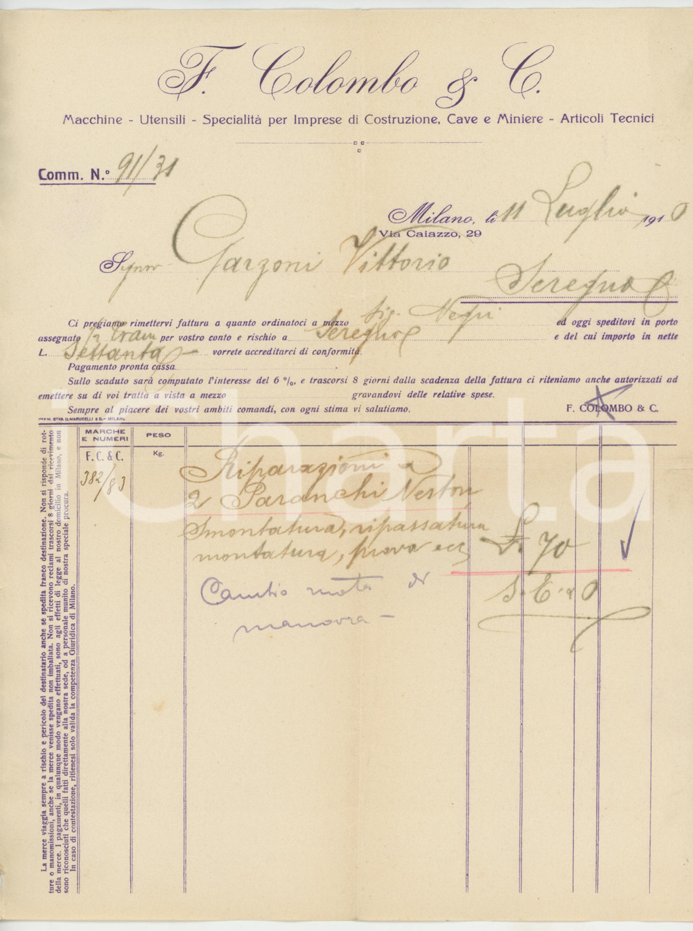 1910 MILANO Via Caiazzo 29 - Ditta F. COLOMBO & C. Macchine utensili ^Fattura Fattura originale d'epoca, manoscritta, su carta intestata.  FAIR/discreto piegature d'epoca  originale e autentica 1