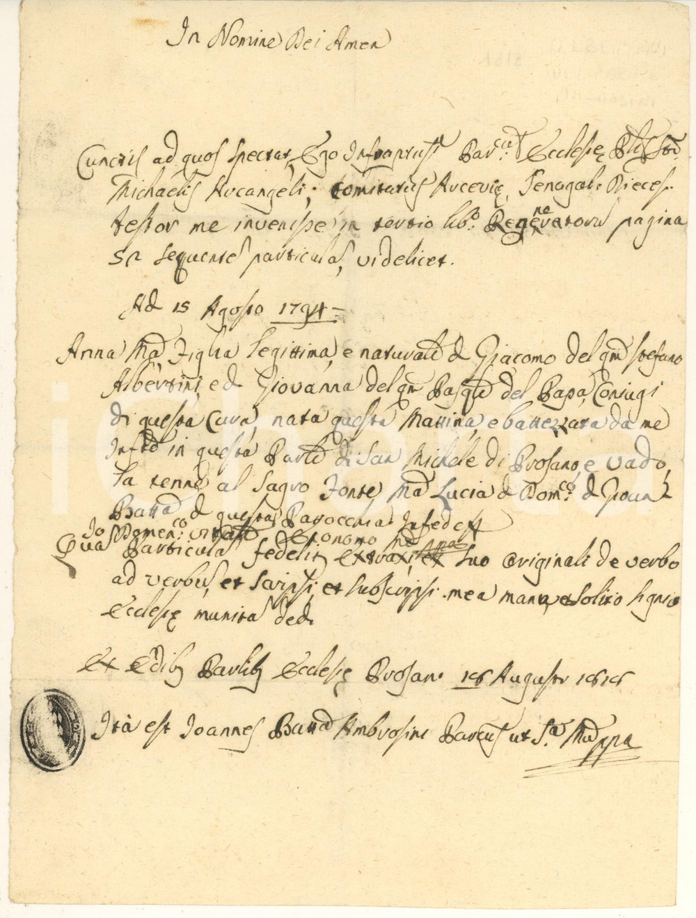 Documento originale, autentico 1818 PROSANO AN Fede battesimo Anna Maria ALBERTINI  Chiesa S. Michele 1