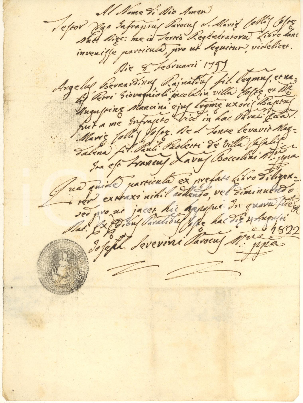 Documento originale, autentico 1822 Area di ARCEVIA AN Fede di matrimonio Angelo Bernardino RAINALDI 1