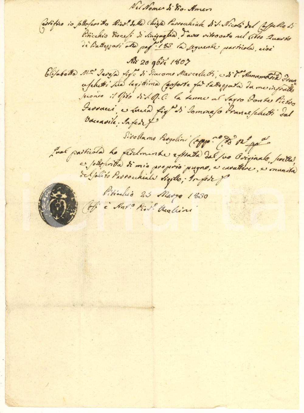 Documento originale, autentico 1830 PITICCHIO AN Fede battesimo Elisabetta MARCELLETTI  Chiesa S. Nicolò 1