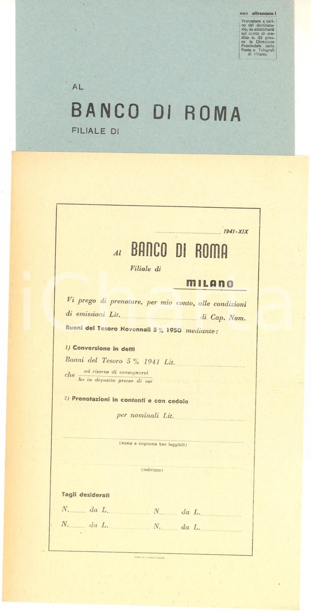 Materiale pubblicitario d’epoca 1941 BANCO DI ROMA Modulo per prenotazione Buoni del Tesoro novennali 1