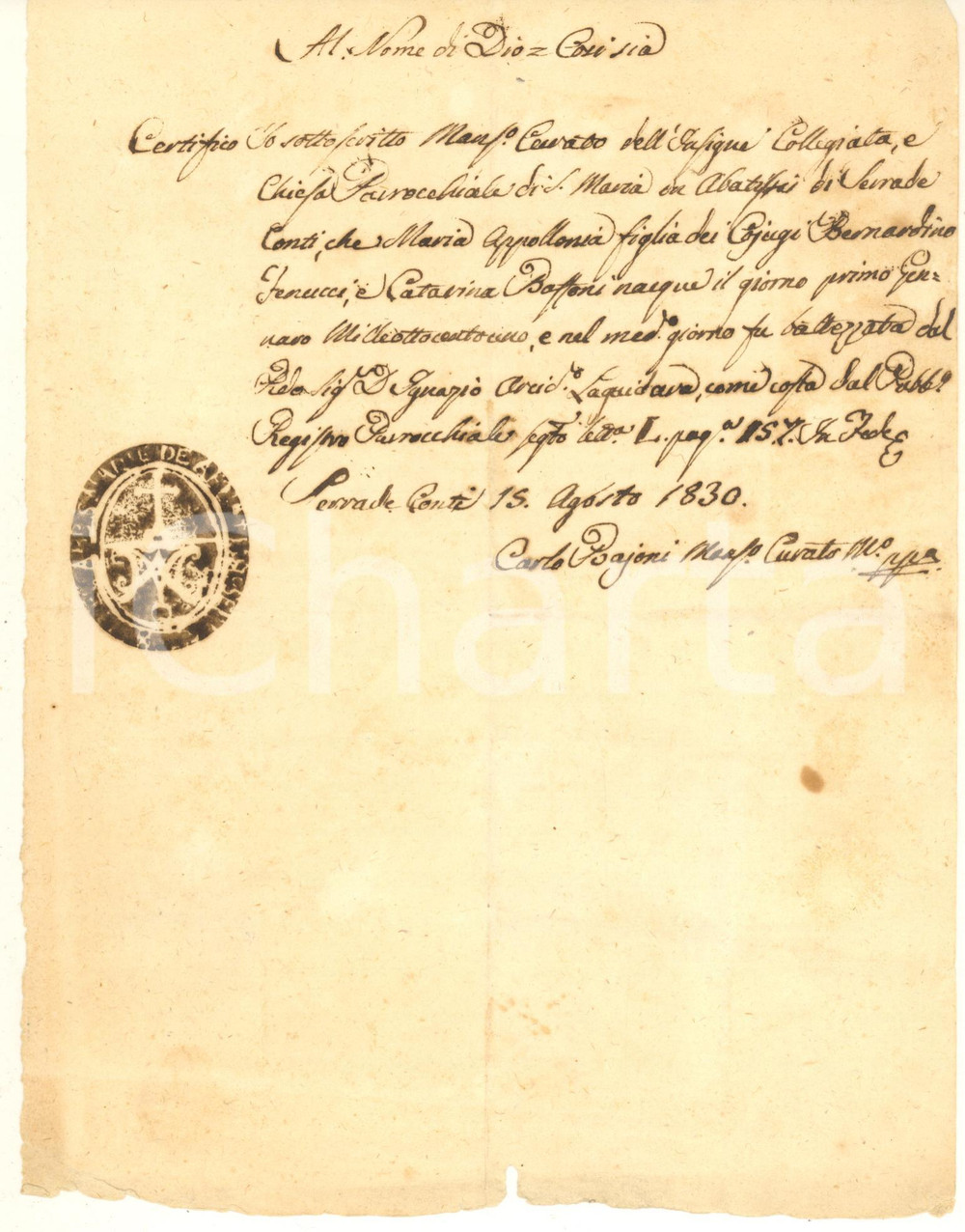 Documento originale, autentico 1830 SERRA DE  CONTI Fede battesimo Maria Apollonia FENUCCI S. Maria Abbatissis 1