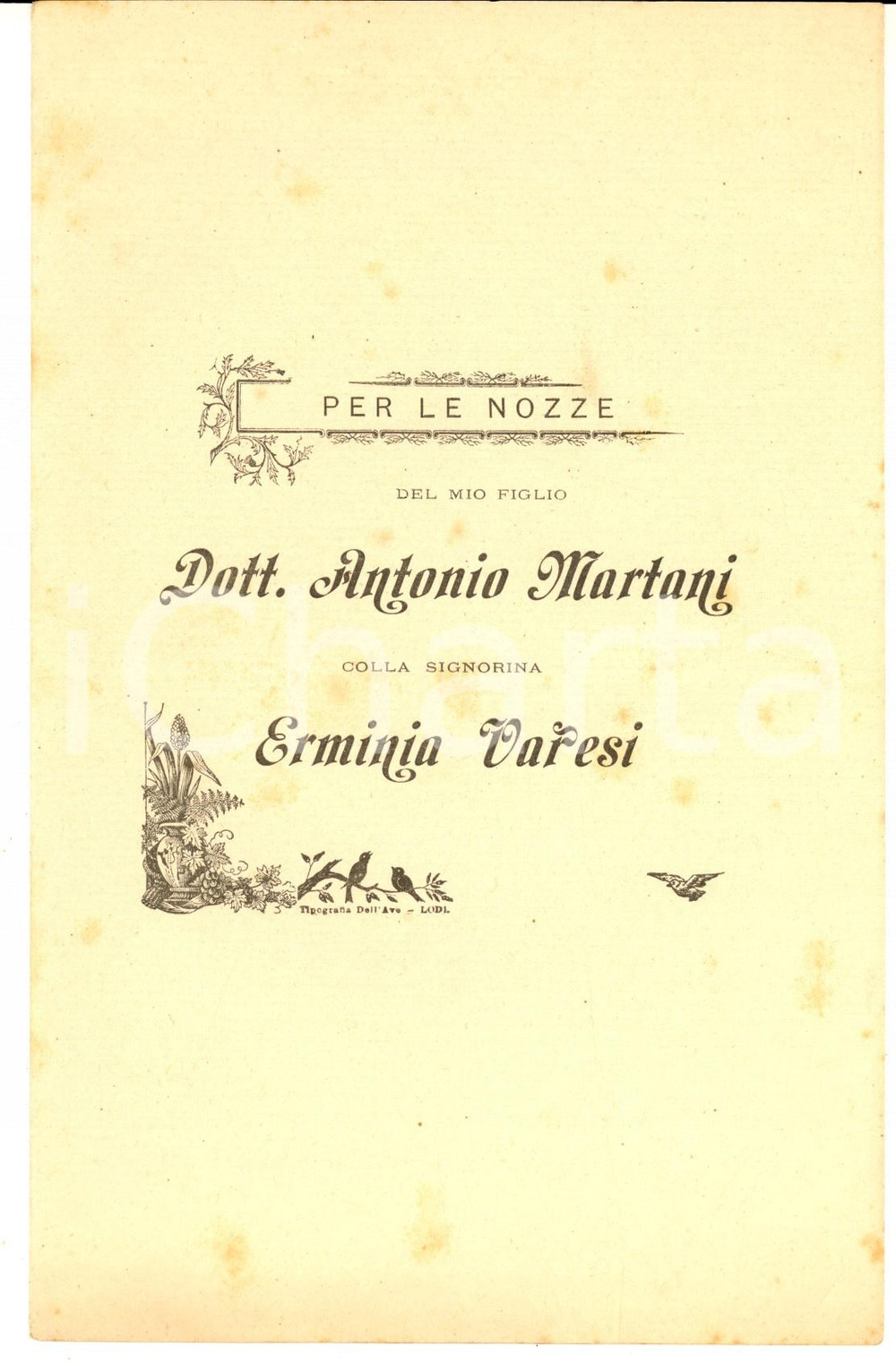 1890 ca LODI Nozze dott. Antonio MARTANI - Erminia VARESI Poemetto dedicatorio 1 Pubblicazione dedicatoria d'epoca.CONDIZIONI: FAIR (piegatura centrale e alcune macchie)PAGINE: 4     originale e autentica 1