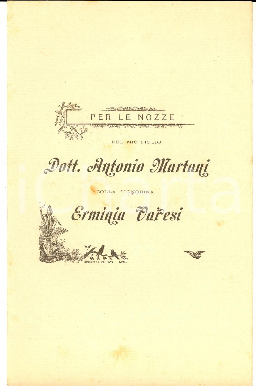 1890 ca LODI Nozze dott. Antonio MARTANI - Erminia VARESI Poemetto dedicatorio 2 Pubblicazione dedicatoria d'epoca.CONDIZIONI: FAIR (piegatura centrale e alcune macchie)PAGINE: 4     originale e autentica 1
