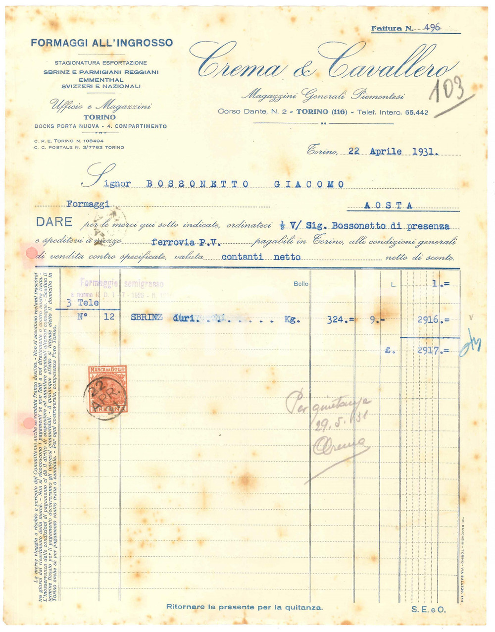 Documento originale, autentico 1931 TORINO Corso Dante 2  CREMA & CAVALLERO Formaggi all ingrosso Fattura 3 1