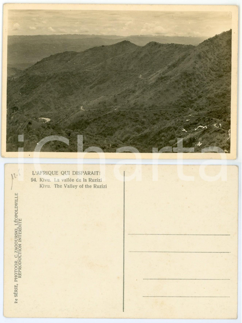 1930 ca C. ZAGOURSKI «L'Afrique qui disparaît» KIVU - Vallée de RUZIZI - n.94  Fotocartolina postale d'epoca, appartenente alla 2^serie &laquo;L'Afrique qui dispara&icirc;t&raquo; del fotografo Casimir Zagourski (L&eacute;opoldville).N&deg; 94, non viaggiata.CONDIZIONI: GFORMATO: 14x9 cm     originale e autentica 1