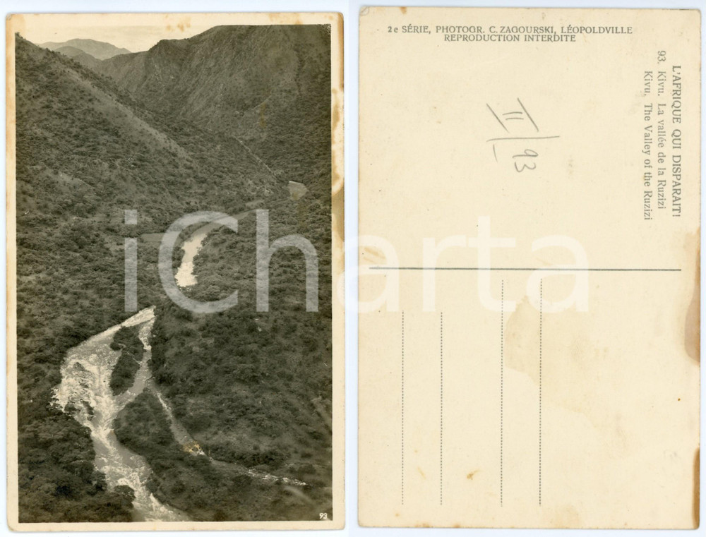 1930 ca C. ZAGOURSKI «L'Afrique qui disparaît» KIVU - Vallée de la RUZIZI - n.93  Fotocartolina postale d'epoca, appartenente alla 2^serie &laquo;L'Afrique qui dispara&icirc;t&raquo; del fotografo Casimir Zagourski (L&eacute;opoldville).N&deg; 93, non viaggiata.CONDIZIONI: POOR (macchie e bruniture diffuse)FORMATO: 9x14 cm     originale e autentica 1