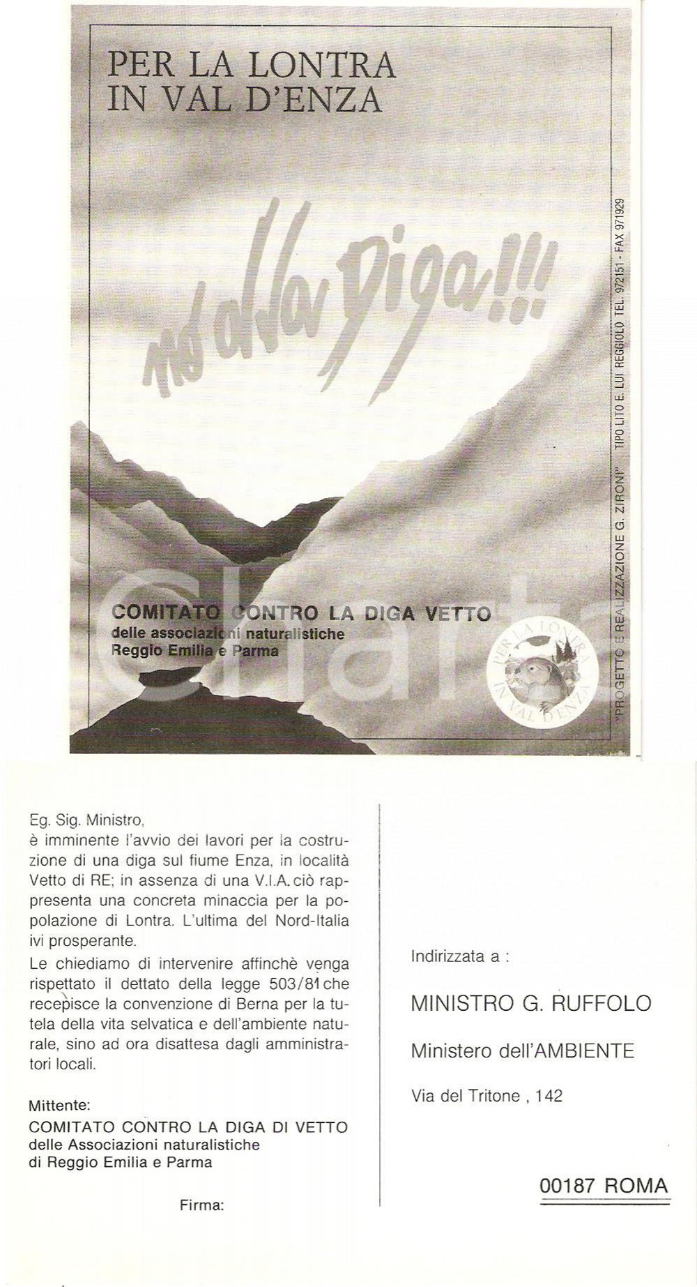 Cartolina originale da collezione 1990 ca VETTO (RE) Nuova diga VAL D'ENZA minaccia le lontre *Cartolina FG NV 1
