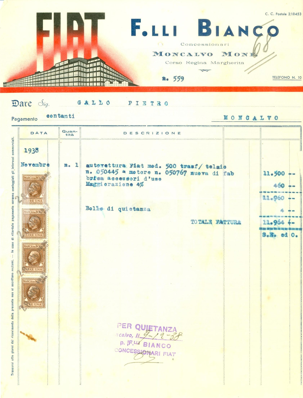 Documento originale, autentico 1938 MONCALVO AT Fratelli BIANCO Concessionari FIAT Fattura ILLUSTRATA 1