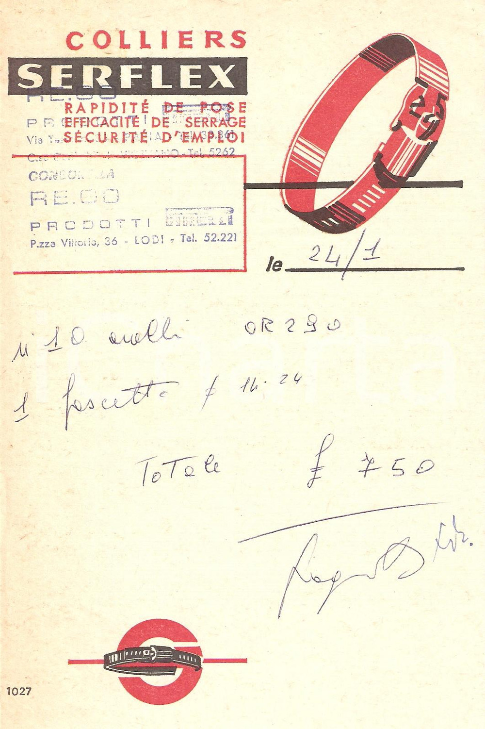 Materiale pubblicitario d’epoca 1965 ca PAVIA Ditta REGO Morsetti SERFLEX Colliers de serrage ^Ricevuta 13x20 cm 1
