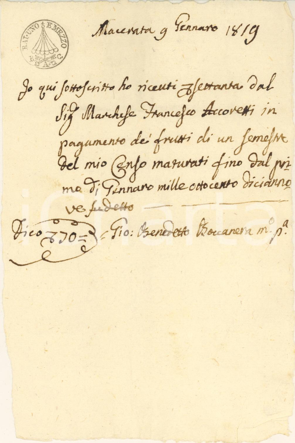 Documento originale, autentico 1819 MACERATA Ricevuta Giovanni Benedetto BOCCANERA per censo marchese ACORETTI 1