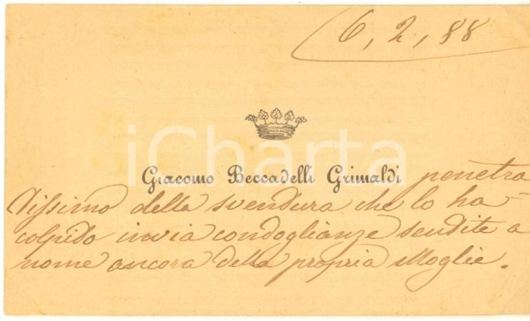 Autografo originale 1888 BOLOGNA Nobile Giacomo BECCADELLI GRIMALDI  Biglietto AUTOGRAFO 1