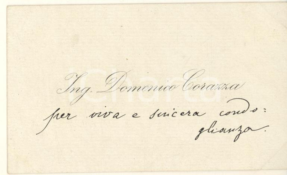 Autografo originale 1890 ca BOLOGNA Ing. Domenico CORAZZA  Biglietto da visita AUTOGRAFO 1