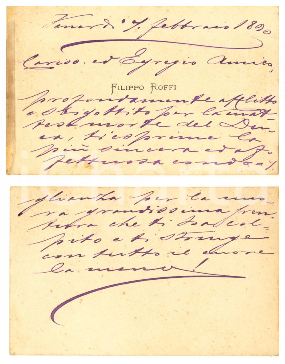 Autografo originale 1890 BOLOGNA Filippo ROFFI  Biglietto AUTOGRAFO condoglianze 1