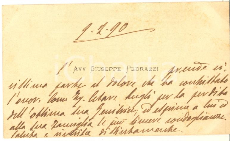 Autografo originale 1890 BOLOGNA Avv. Giuseppe PEDRAZZI  Biglietto da visita AUTOGRAFO 1 1