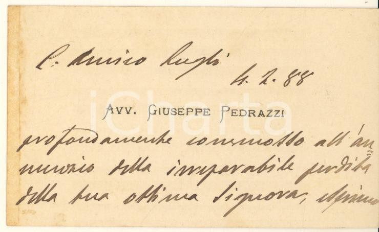 Autografo originale 1888 BOLOGNA Avv. Giuseppe PEDRAZZI  Biglietto da visita AUTOGRAFO 2 1