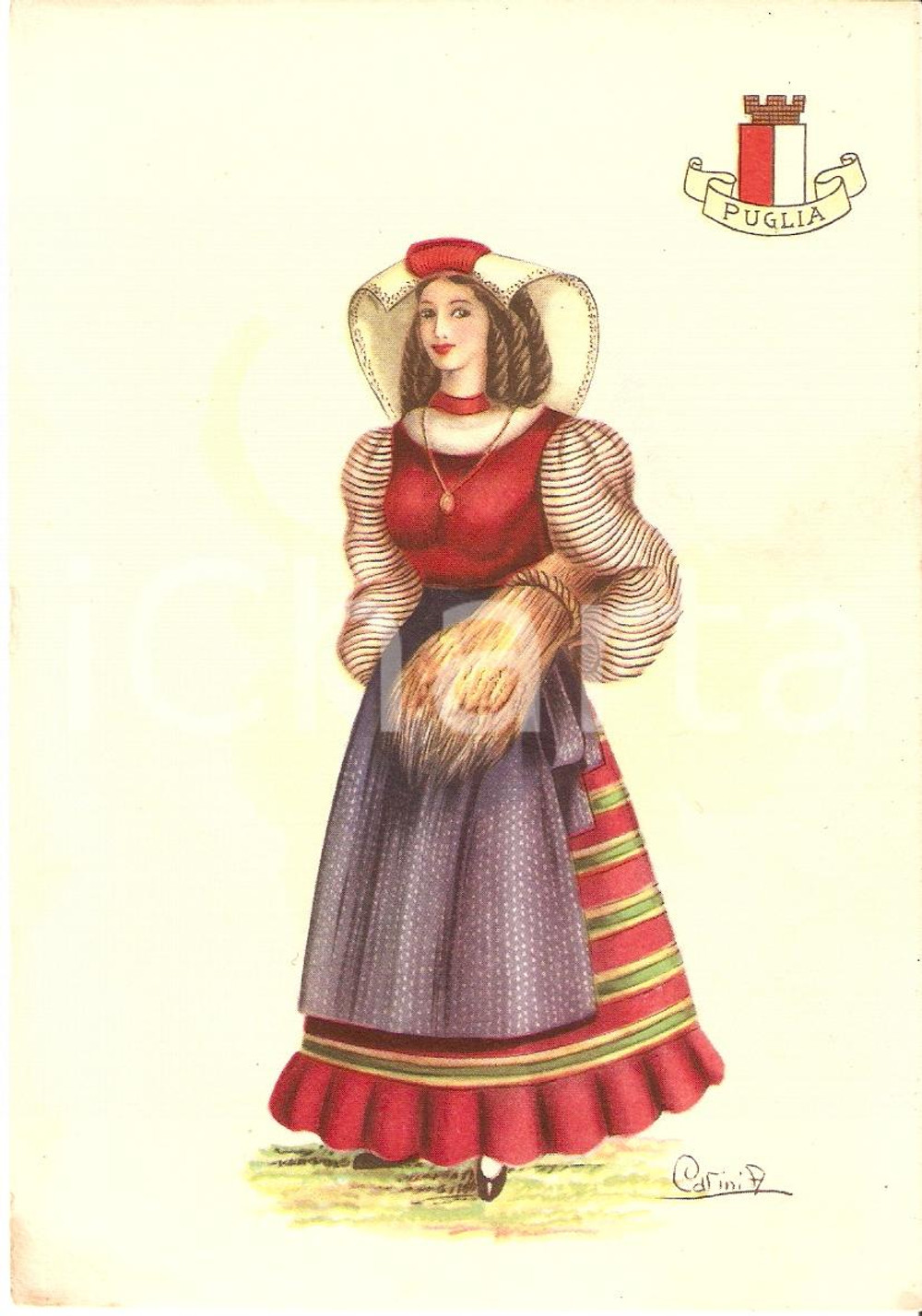 Cartolina originale da collezione 1950 ca PUGLIA Costumi regionali Ill. A. Carini ^Cartolina postale FG NV 1