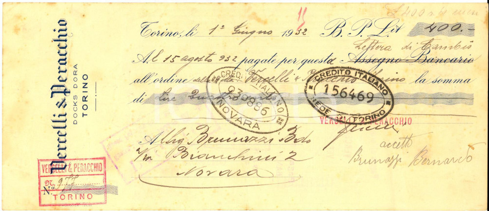 Oggetto da collezione cartaceo 1932 TORINO Ditta VERCELLI & PERACCHIO Docks Dora  Assegno pubblicitario 1