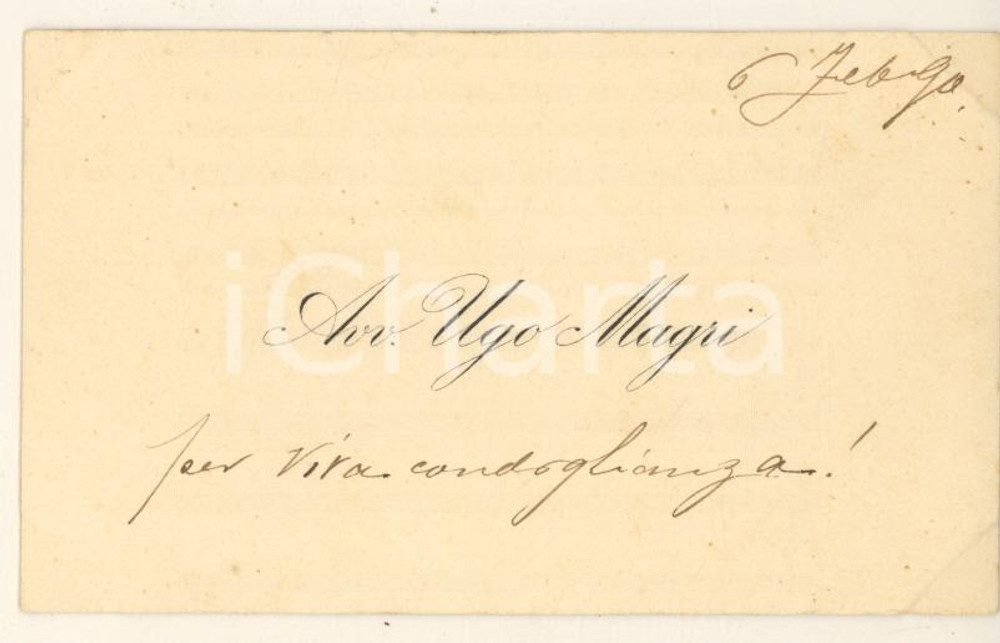 Autografo originale 1890 ca BOLOGNA Avv. Ugo MAGRI  Biglietto da visita AUTOGRAFO 1