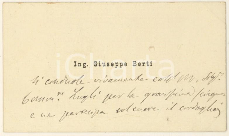 Autografo originale 1890 ca BOLOGNA Ing. Giuseppe BERTI  Biglietto da visita AUTOGRAFO 1