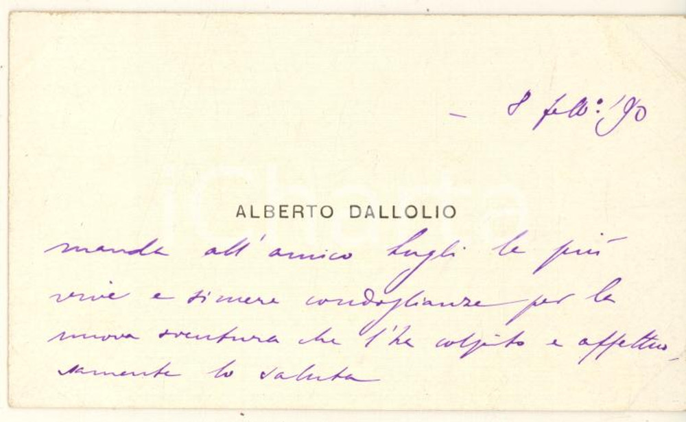 Autografo originale 1890 BOLOGNA Alberto DALLOLIO  Biglietto da visita AUTOGRAFO 1