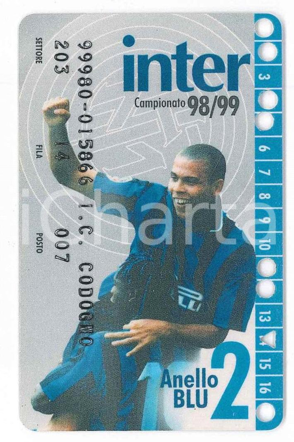1998/1999 MILANO San Siro INTER Tessera del tifoso RONALDO Anello 2 blu Tessera originale, in plastica rigida.Obliterata.  GOOD/buono  FORMATO: 8x5 cm originale e autentica 1