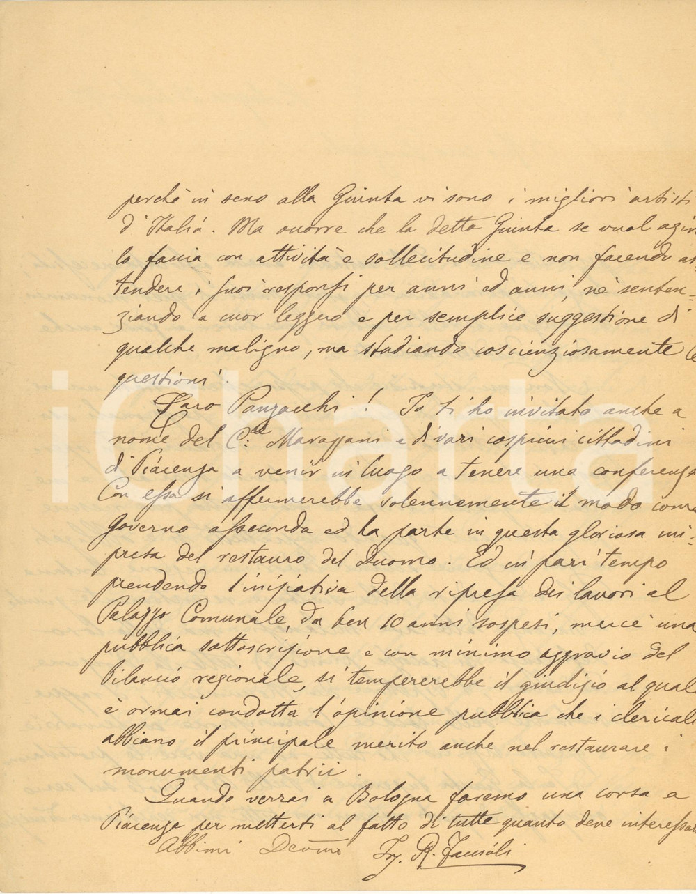 1900 BOLOGNA Raffaele FACCIOLI sul restauro del Duomo di Piacenza *AUTOGRAFO Importante lettera autografa del pittore e ingegnere Raffaele Faccioli, relativa al restauro del Duomo di Piacenza e all'importanza della supervisione governativa : " ...non è a credersi che essi prescrivano la conservazione di quanto non è più conservabile...né tampoco di rinnovare con buon materiale quello che con insipienza profanatrice si aggiunse in un'opera monumentale, deturpandola...Senza l'opera odierna, gran parte di quel monumento insigne sarebbe andata perduta e forse anche caduta disastrosamente...". PAGINE: 4 FAIR/discreto piegature d'epoca, con minimi strappi marginali FORMATO: 22x28 cm originale e autentica 1