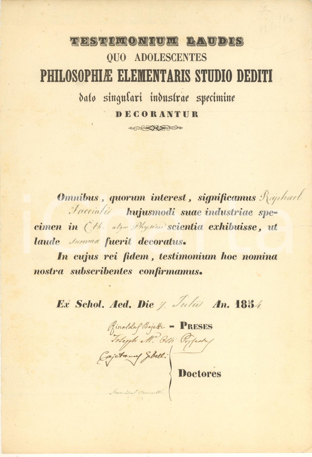 Documento originale, autentico 1854 BOLOGNA Attestato scolastico lode Raffaele Faccioli bambino AUTOGRAFI 1