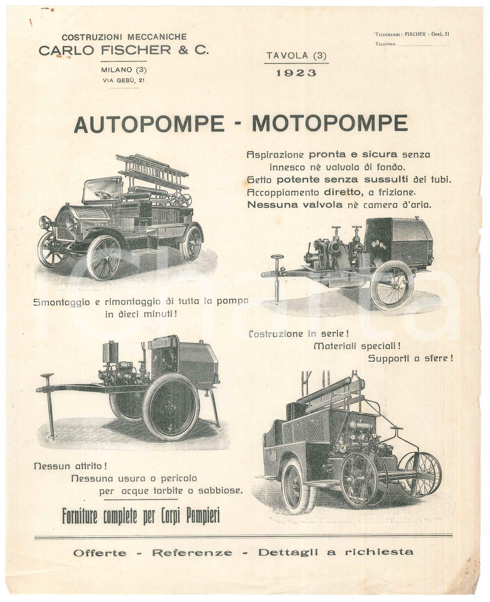 Materiale pubblicitario d’epoca 1923 MILANO via Gesù  Costruzioni CARLO FISCHER Autopompe/ Motopompe VOLANTINO 1