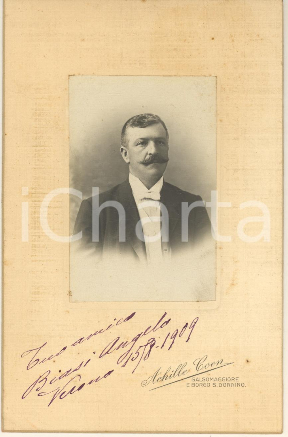 Fotografia d epoca originale 1909 VERONA Ritratto di Angelo BIASI con dedica  Foto Achille COEN 11x16 cm 1