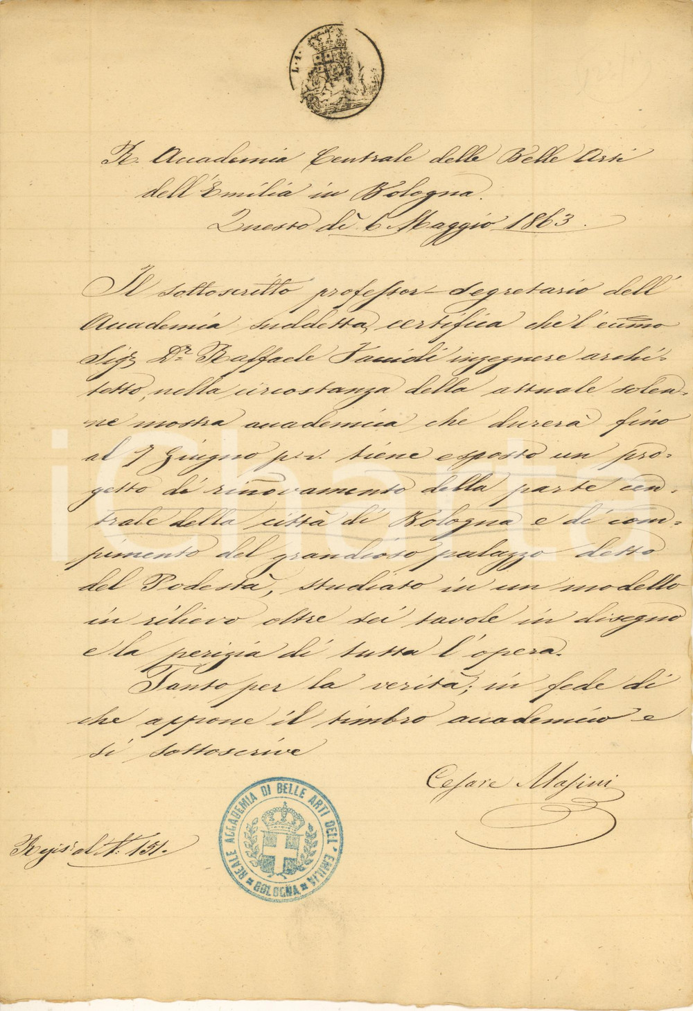 Documento originale, autentico 1863 BOLOGNA Accademia Belle Arti  Certificato FACCIOLI Autografo MASINI 1
