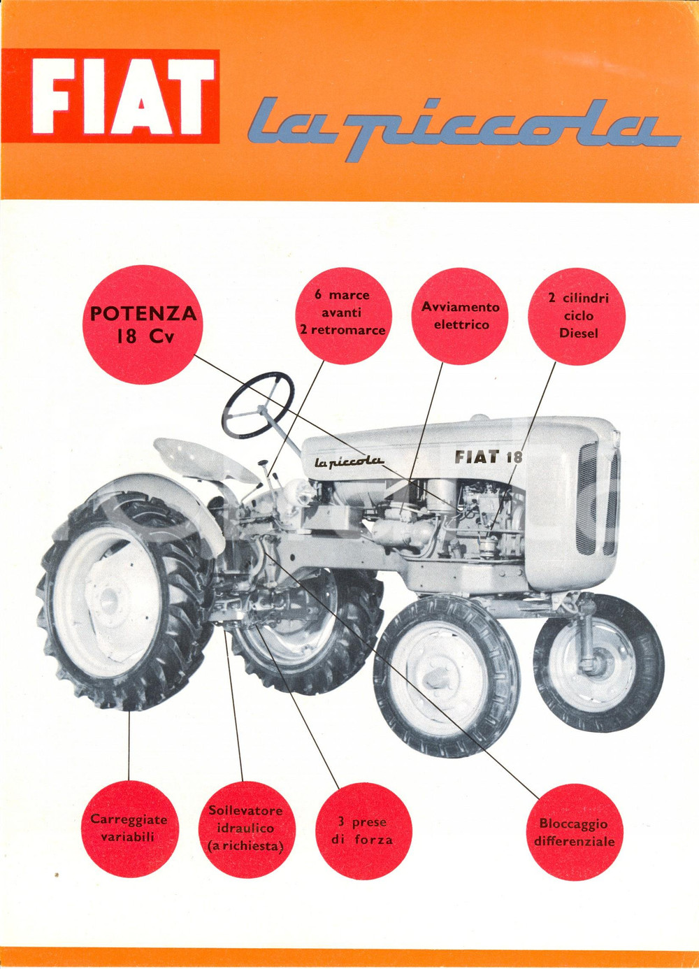 Materiale pubblicitario d’epoca 1955 ca FIAT 18 LA PICCOLA Trattrice agricola a ruote 18 Cv Volantino 1