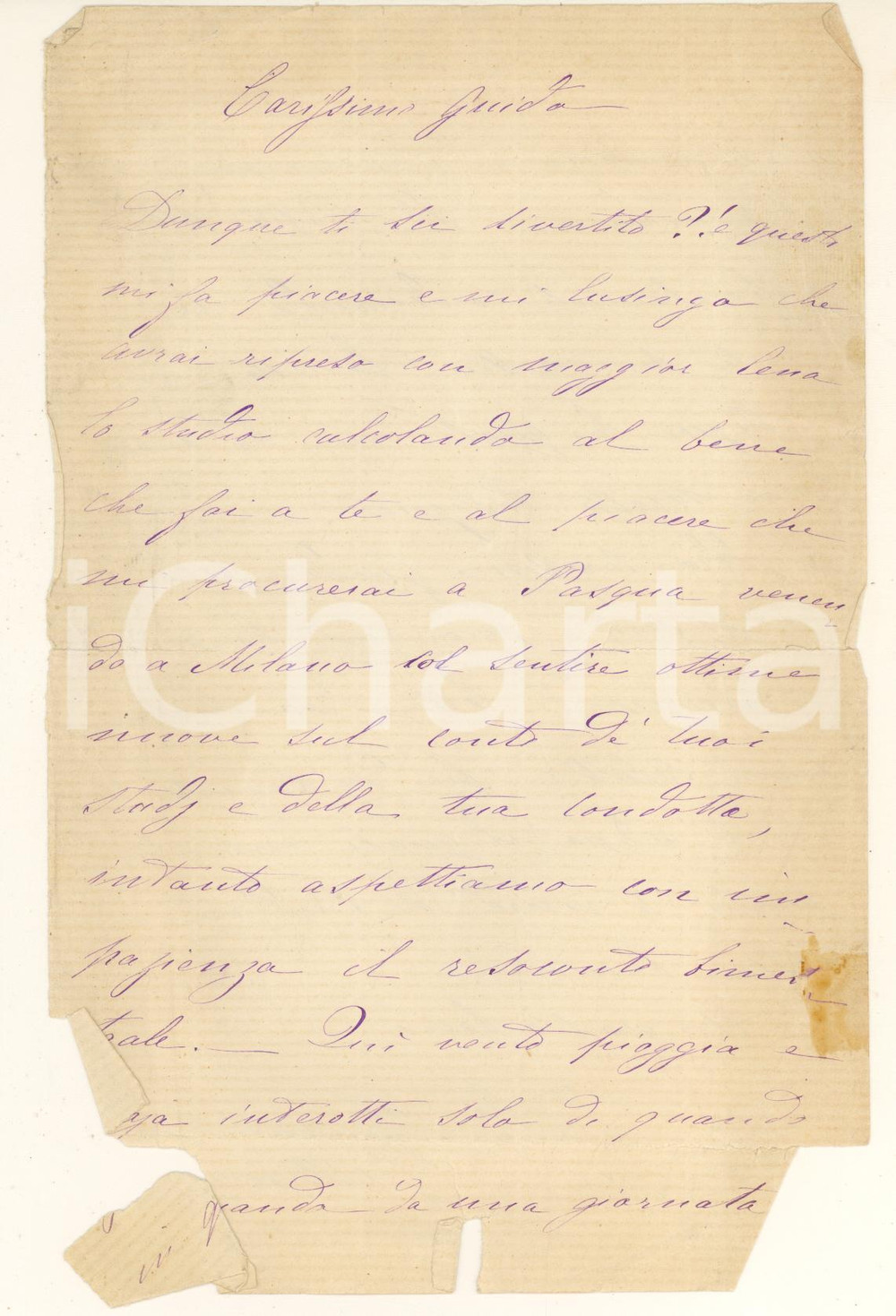 Autografo originale 1880 ca TORINO Contessa BIANDRA  DI REAGLIE  sprona il figlio Guido studente 1