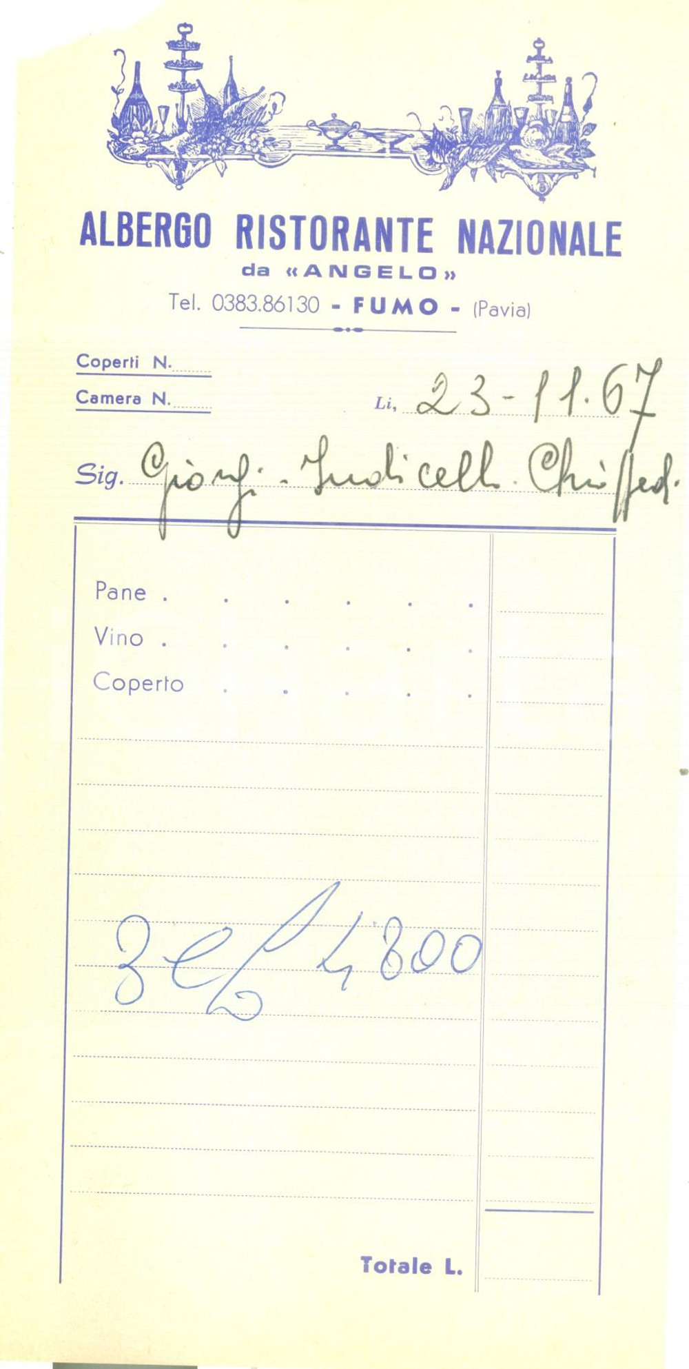 Documento originale, autentico 1967 CORVINO SAN QUIRICO Albergo Ristorante Nazionale DA ANGELO a FUMO 1 1