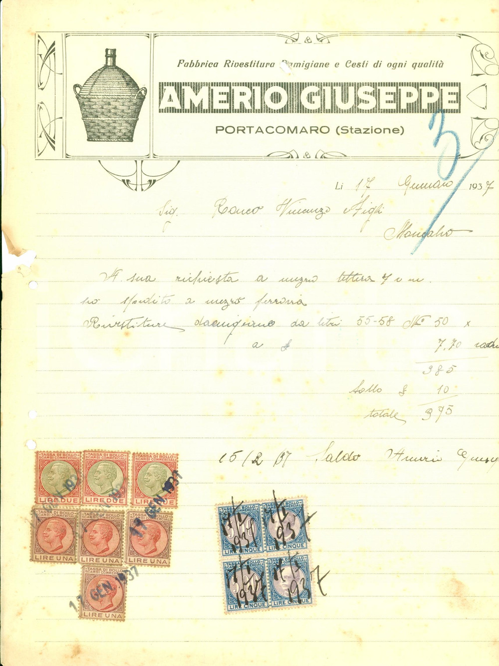 Documento originale, autentico 1937 PORTACOMARO (AT) Giuseppe AMERIO rivestitura damigiane cesti ^ILLUSTRATA 1