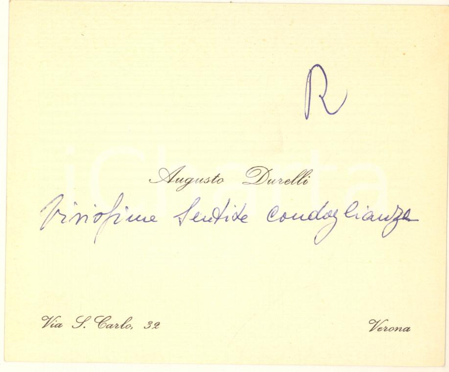 Autografo originale 1960 ca VERONA Augusto DURELLI  Biglietto con messaggio autografo 1